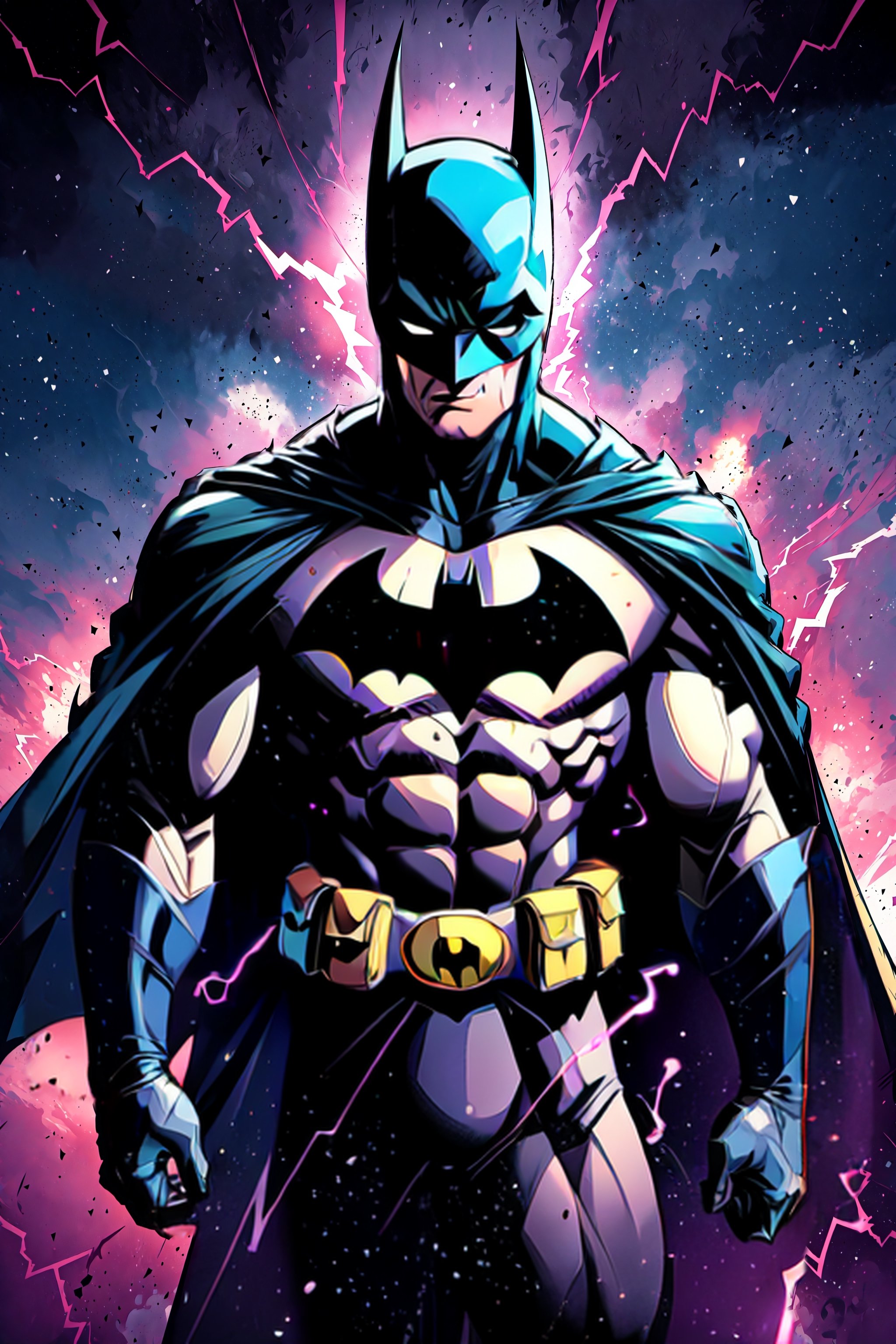 masterpiece,best quality,batman,solo,grey bodysuit,utility belt,black cape,black gloves,superhero,dokansyle, aura, electricity, light particles