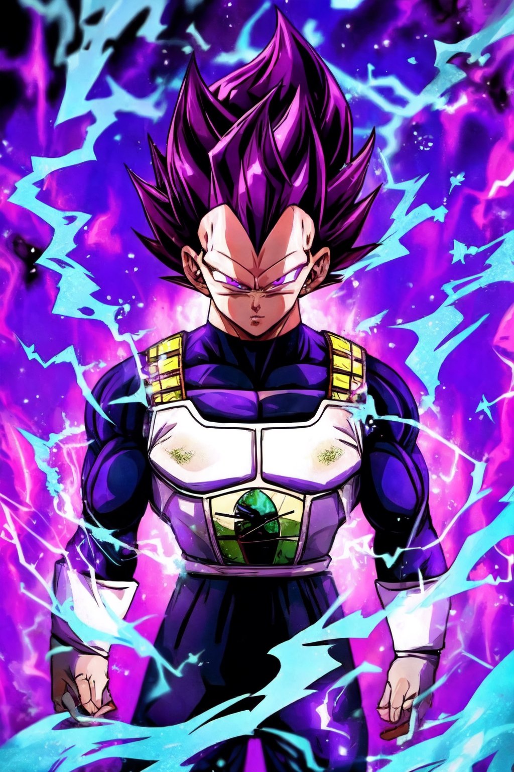 UE_vegeta, 1boy, male focus, muscles, purple hair, purple eyes, no eyebrows, solo,post-Impressionist, aura,dokansyle, light particles, aura, electricity