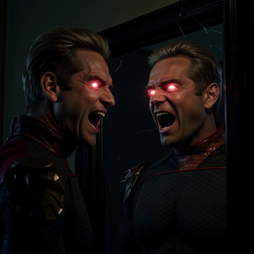 A gritty, high-contrast composition: Homelander wearing a superhero outfit with a cape - contrasts starkly with the dimly lit, cracked mirror's reflection. His enraged expression contorts his features, nostrils flared, jaw clenched; red-rimmed eyes blaze like hot coals as he glares at his own image.,