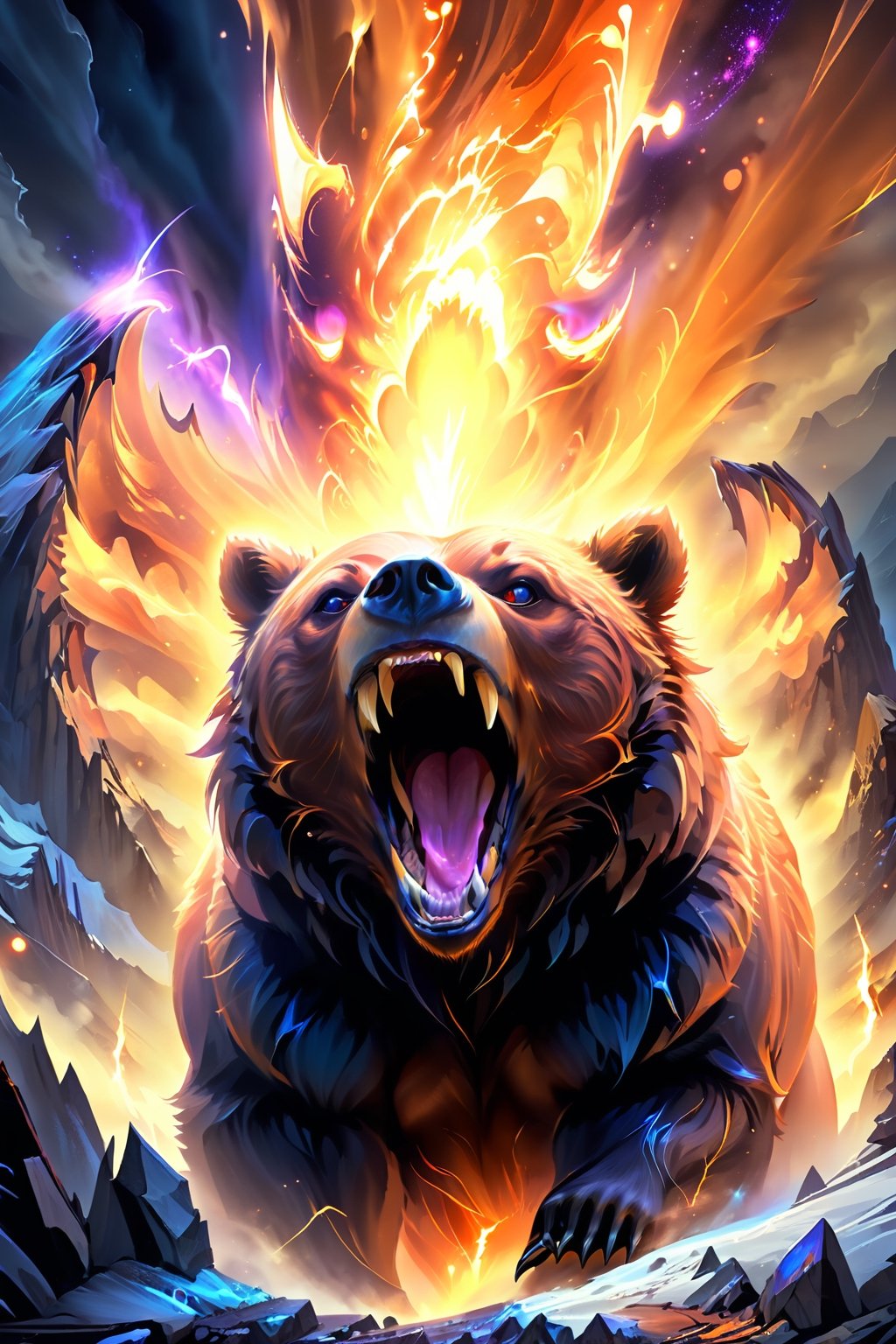 no humans, grizzly bear, fierce grizzly bear roaring in the mountains, aura, orange aura, open mouth, fangs glowing eyes,DonMDj1nnM4g1cXL ,darkart,more detail XL