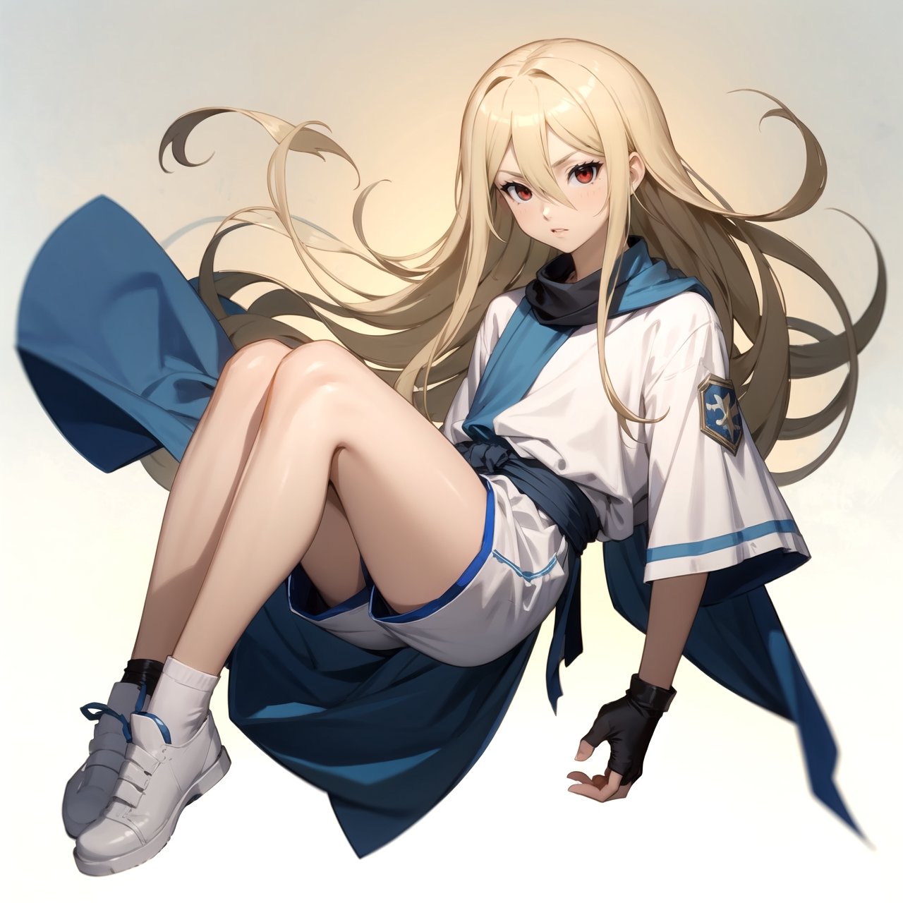 solo, long hair, blonde hair, male focus, androgynous, hair between eyes, red eyes, white tunic, blue sash, black biker shorts, full body