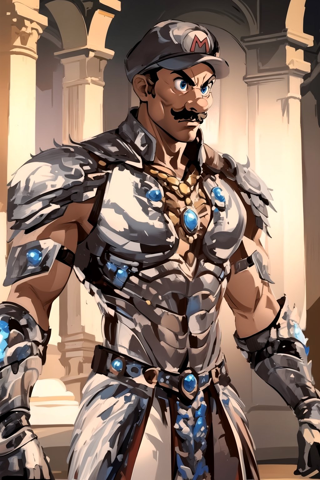 armor, blue armor, muscular, ,MARifire,brown hair, male focus, hat, facial hair, mustache, blue eyes, serious, white gloves, solo