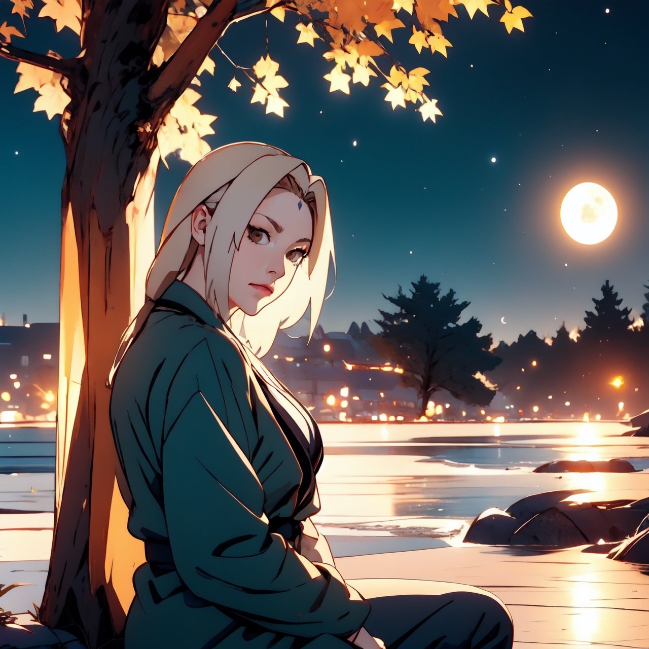 tsunade (naruto), 1girl, female_solo, breasts, brown eyes, cleavage, collarbone, forehead mark, facial mark, grey kimono, green jacket, japanese clothes, moon, city, portrait, looking over the horizont, outdoors, sky, tree, night, moon, star \(sky\), night sky, furry, full moon, starry sky, sitting,glowing, gold