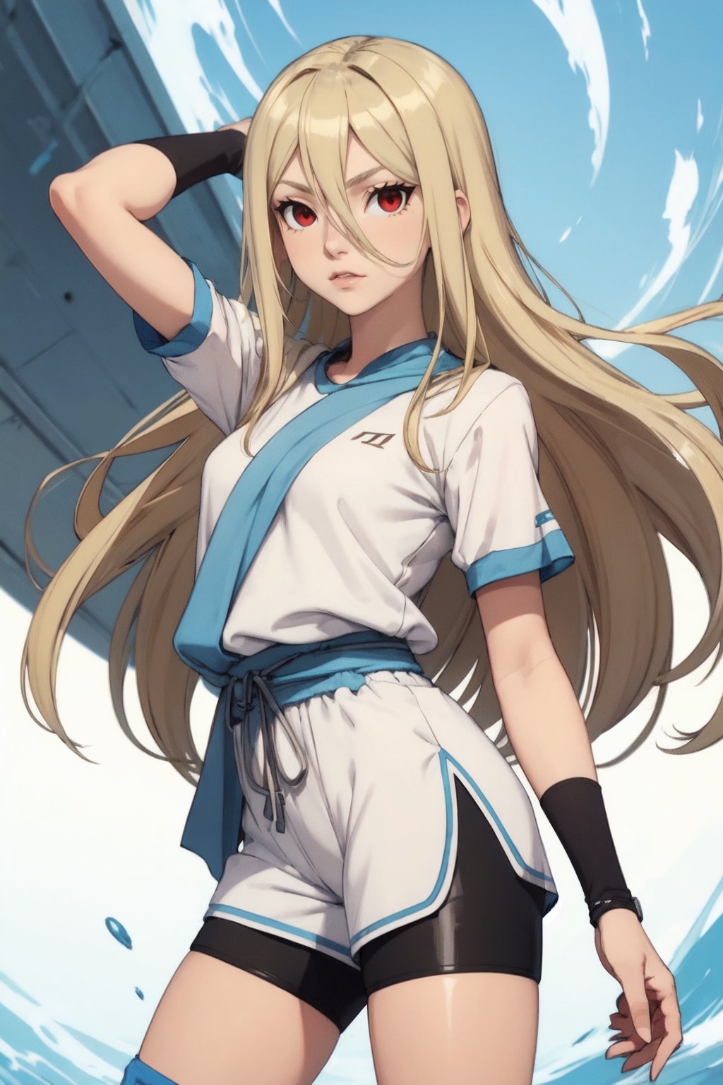 aphrodite, solo, long hair, blonde hair, male focus, androgynous, hair between eyes, red eyes, white tunic, blue sash, ((biker shorts)), shorts, 