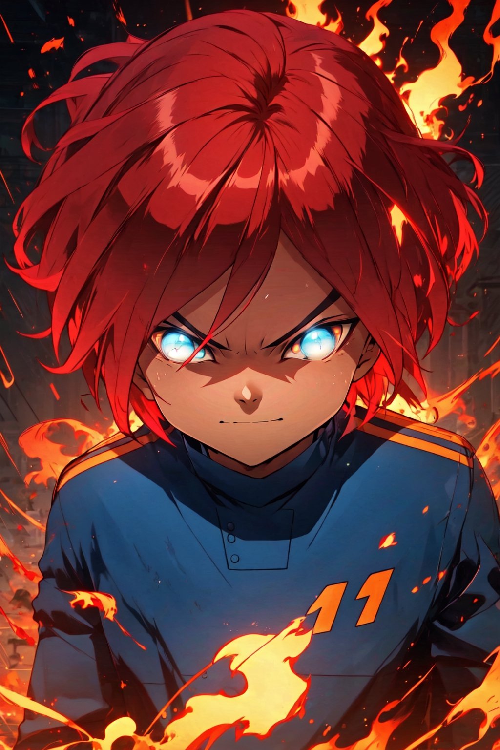 Xavier Foster, male focus, 1boy, solo, red hair, dark green eyes, smile, closed_mouth, ,r1ge, serious, ((glowing eyes)), blue soccer uniform