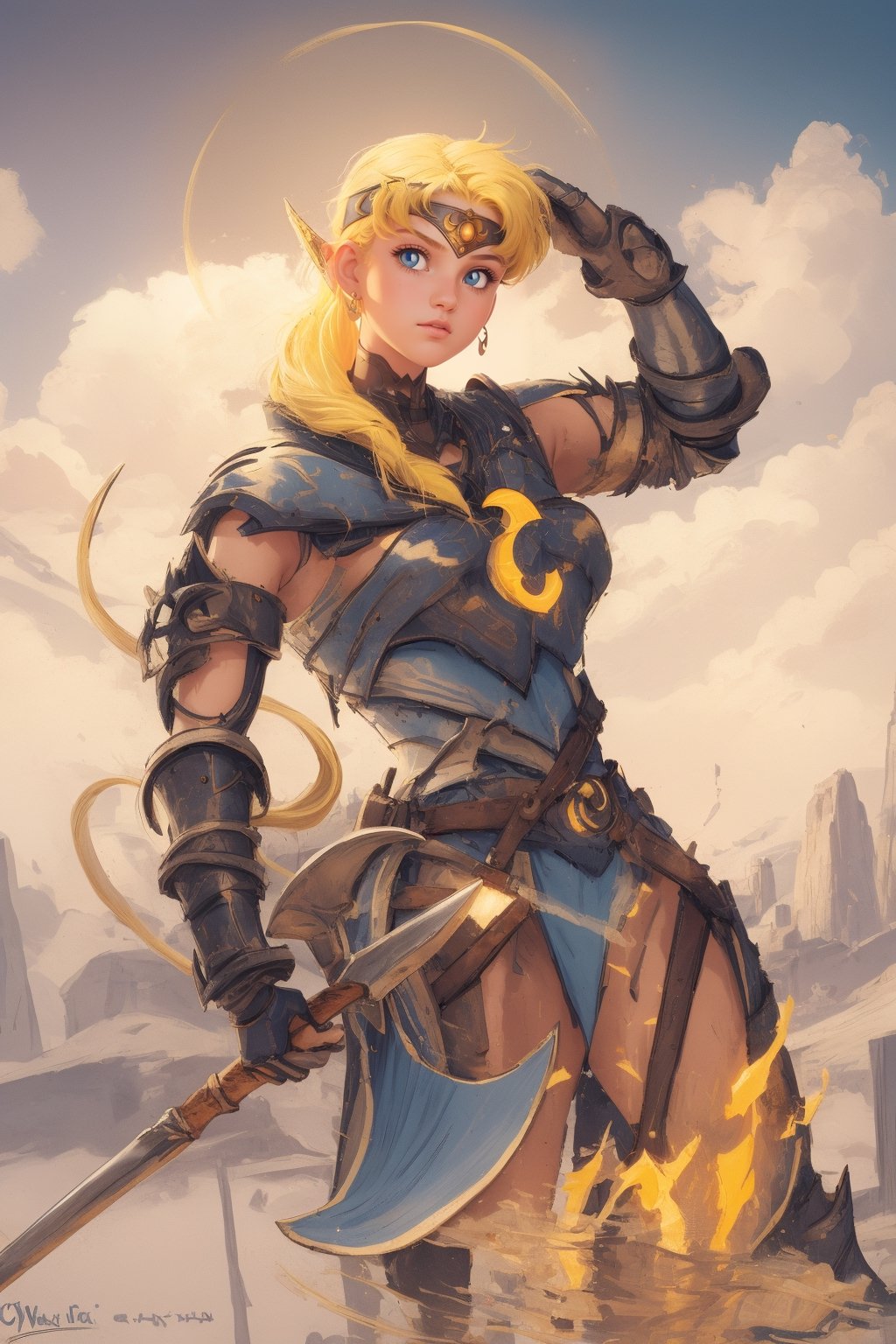 1girl, serena tsukino, blue eyes, parted bangs, blonde hair, long hair, twintails, circlet, crescent earrings, hair ornament, weapon, yellow aura, holding axe, armor,