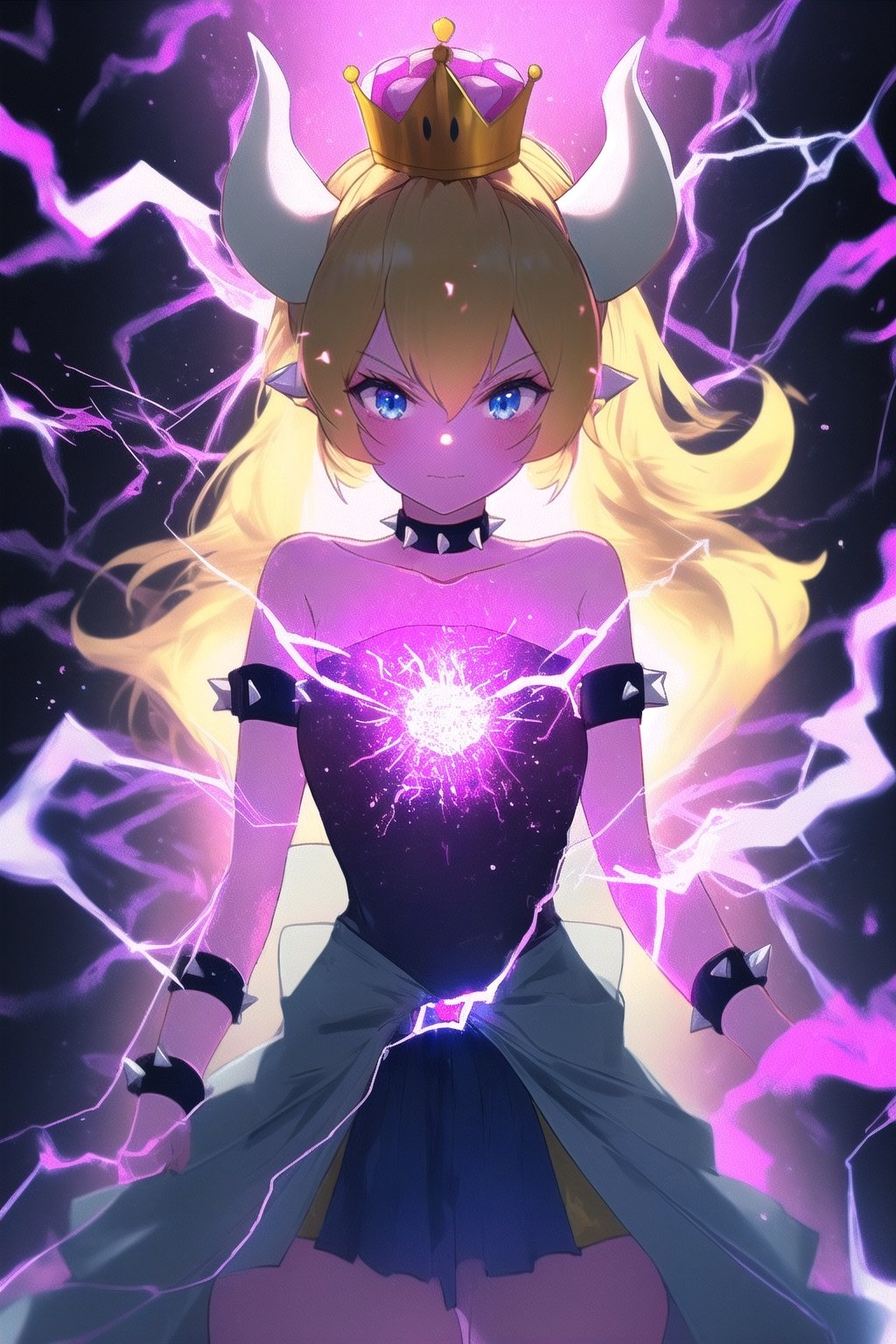 bowsette, (1girl), (solo), blonde hair, blue eyes, spiked brazalets, spiked armlets, spidek choker, super crown, horns, ((white horns)), crown, (pink crown), ponytail, long hair, (middle body), ((thighs)), ,dokansyle, aura, electricity, light particles,