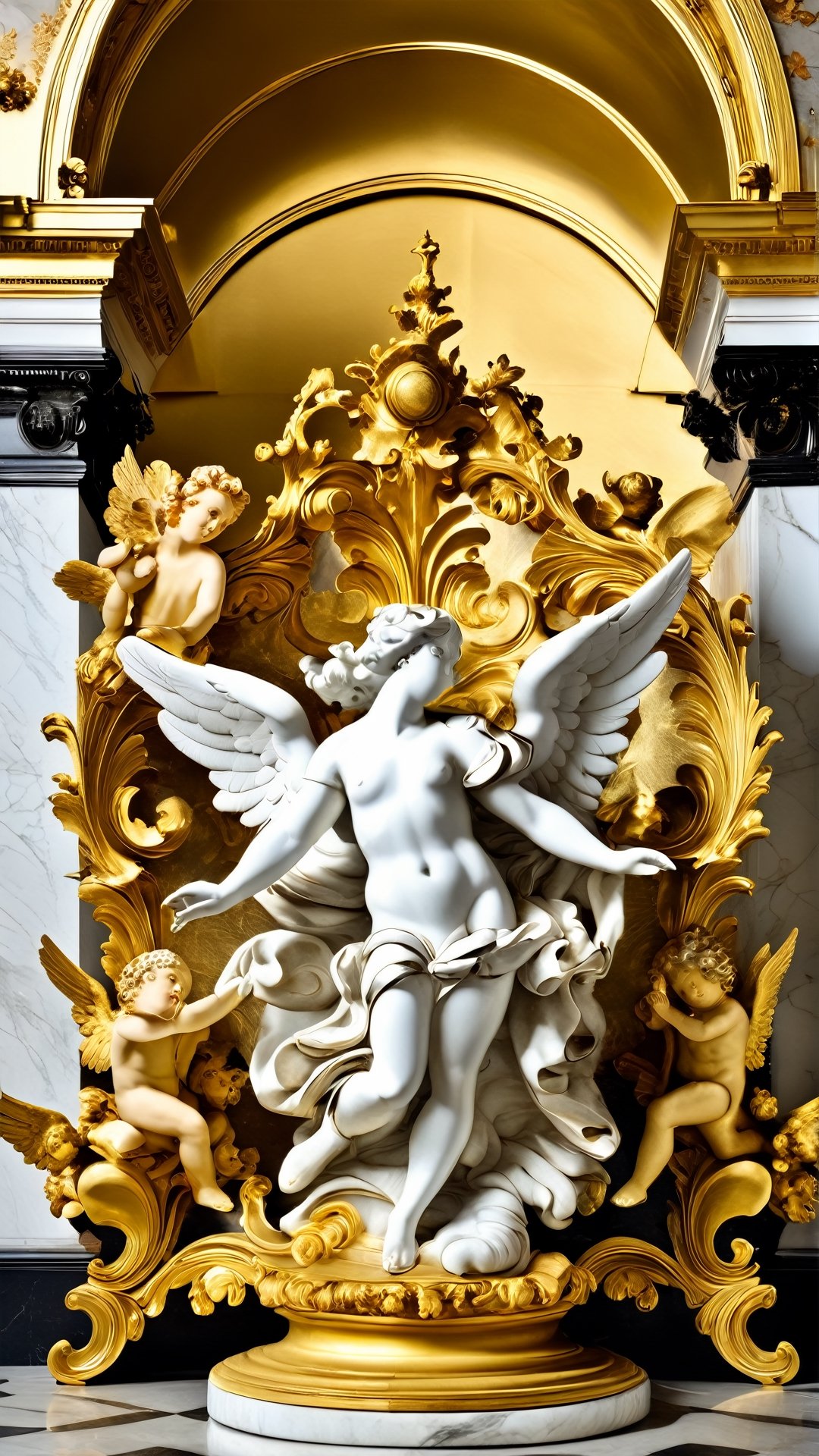 a gold and white sculpture of angels surrounded by angels, mat collishaw, baroque wallpaper, baroque marble and gold in space, baroque aesthetics, lavish rococo baroque setting, intricate rococo ornamentation, flesh highly baroque ornate, rococo and baroque styles, in a luminist baroque style, luminist and baroque style, baroque art style, black metal rococo