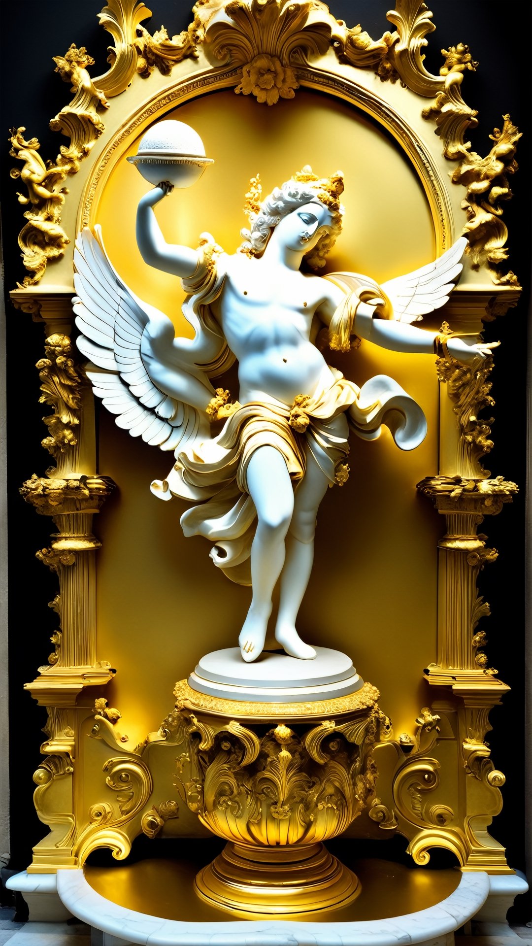 Highly detailed, High Quality, Masterpiece, beautiful, DisintegrationEffect a gold and goldy white sculpture of pure ancient gold lord Krishna surrounded by angels, mat collishaw, baroque wallpaper, baroque marble and gold in space, baroque aesthetics, lavish rococo baroque setting, intricate rococo ornamentation, flesh highly baroque ornate, rococo and baroque styles, in a luminist baroque style, luminist and baroque style, baroque art style, black metal rococo g