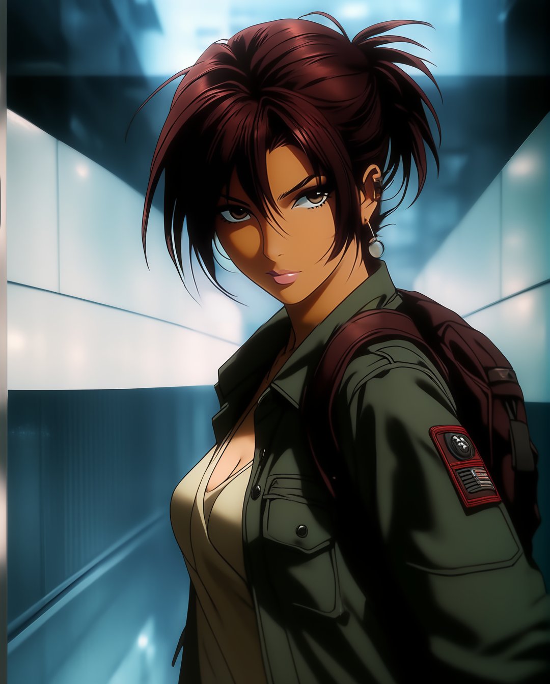 Full Angry revy from "black lagoon",女孩,旗袍,Dream, in the style of yuumei, realistic hyper - detailed rendering, yumihiko amano, zhang jingna, wiccan, trace monotone, rtx on ,細緻的背景,indian boy, various poses , 1boy, revy style in black lagoon anime, revy on cat eyes