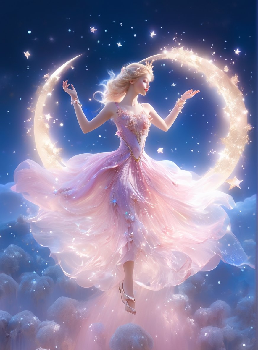 a woman in a pink dress standing in front of a moon, stunning 3d render of a fairy, magical fairy floating in space, beautiful fantasy painting, very beautiful fantasy art, beautiful fantasy art, beautiful fantasy maiden, blonde girl in a cosmic dress, fairy cgsociety, astral fairy, digital fantasy art ), cgsociety 9, by Nele Zirnite