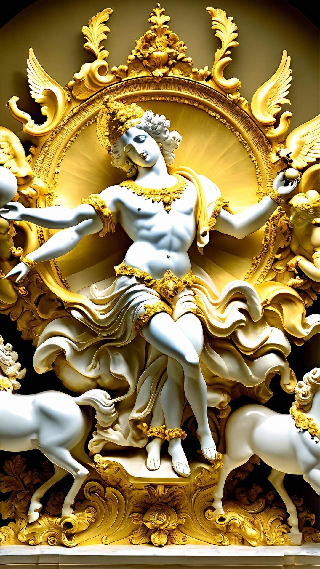 Highly detailed, High Quality, Masterpiece, beautiful, DisintegrationEffect a gold and goldy white sculpture of pure ancient gold lord Krishna surrounded by angels, mat collishaw, baroque wallpaper, baroque marble and gold in space, baroque aesthetics, lavish rococo baroque setting, intricate rococo ornamentation, flesh highly baroque ornate, rococo and baroque styles, in a luminist baroque style, luminist and baroque style, baroque art style, black metal rococo g