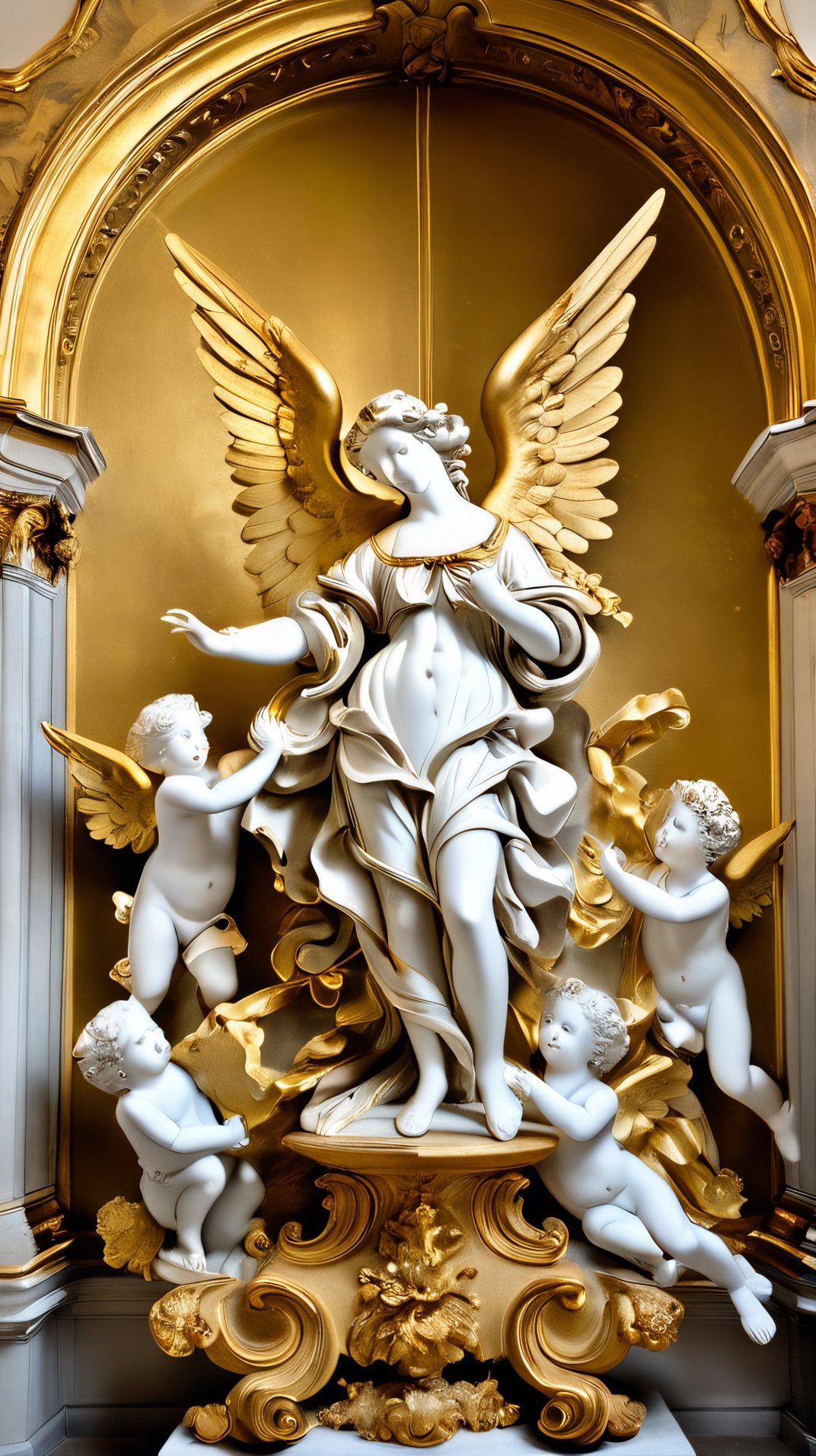 a gold and white sculpture of angels surrounded by angels, mat collishaw, baroque wallpaper, baroque marble and gold in space, baroque aesthetics, lavish rococo baroque setting, intricate rococo ornamentation, flesh highly baroque ornate, rococo and baroque styles, in a luminist baroque style, luminist and baroque style, baroque art style, black metal rococo