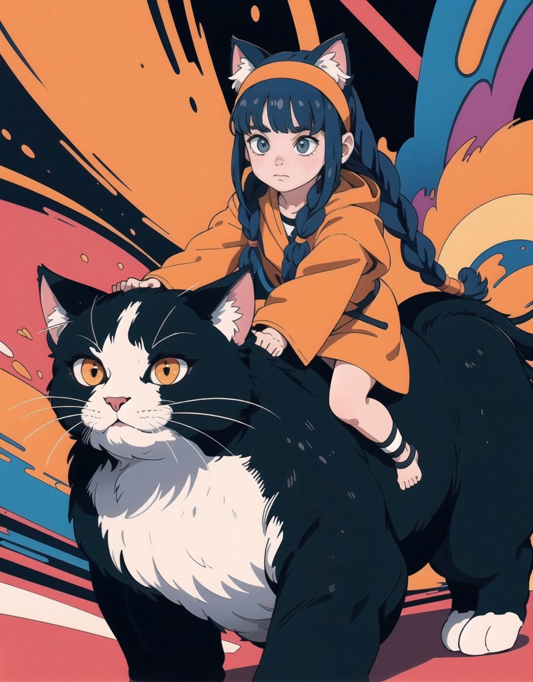 ((Riding a giant fat fluffy cat)) , shining eyes , twin_braid , black hair , little girl, 7 years Naruto, simple wearing headband and orange robe, intricate details, 32k digital painting, hyperrealism, (vivid color),(abstract background:1.3), (colorful:1.3), (flowers:1.2), (zentangle:1.2), (fractal art:1.1) , parted bangs, SUPER HIGH quality, in 8K , intricate detail, ultra-detailed,chibi,