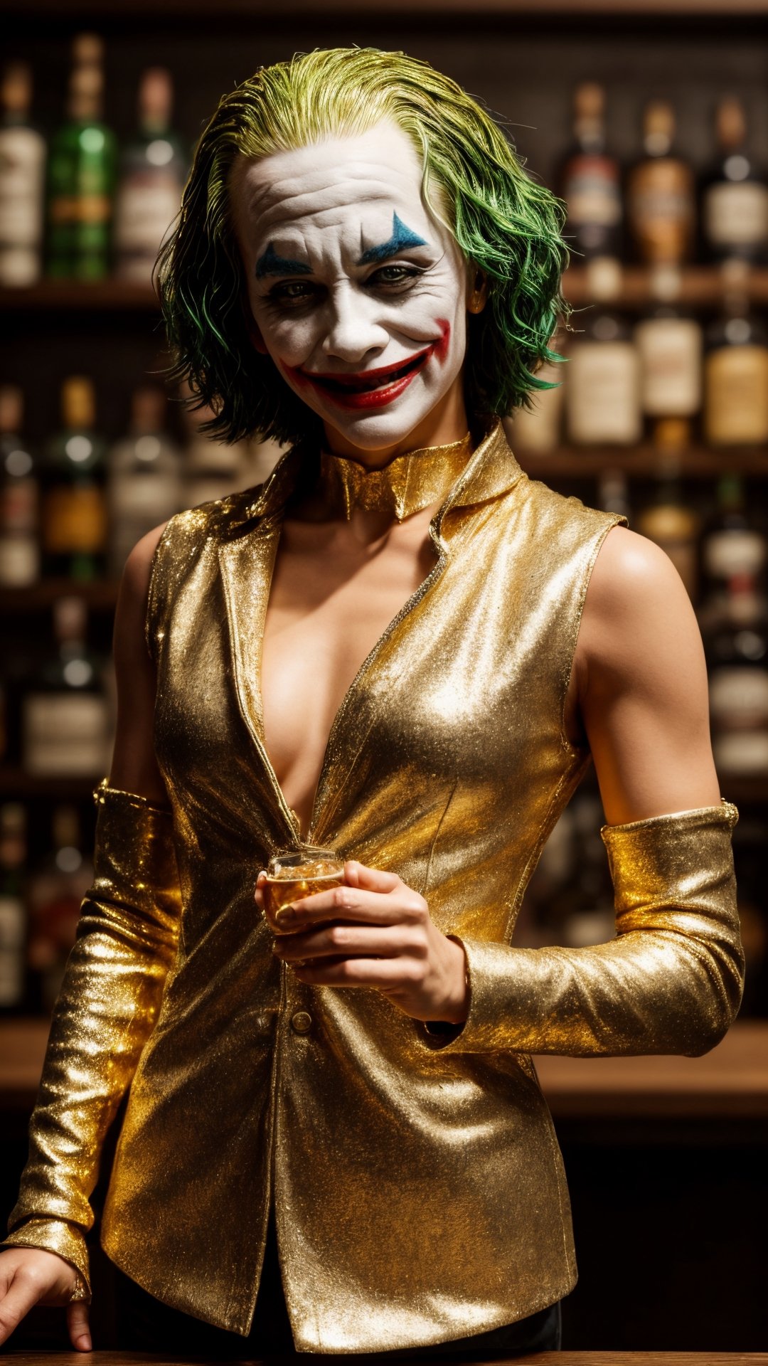 Highly detailed, High Quality, Masterpiece, beautiful, DisintegrationEffect a gold and goldy white sculpture of pure joker in bar brinking expensive whiskey,High detailed ,glitter, glitter_force, smiling with gently 