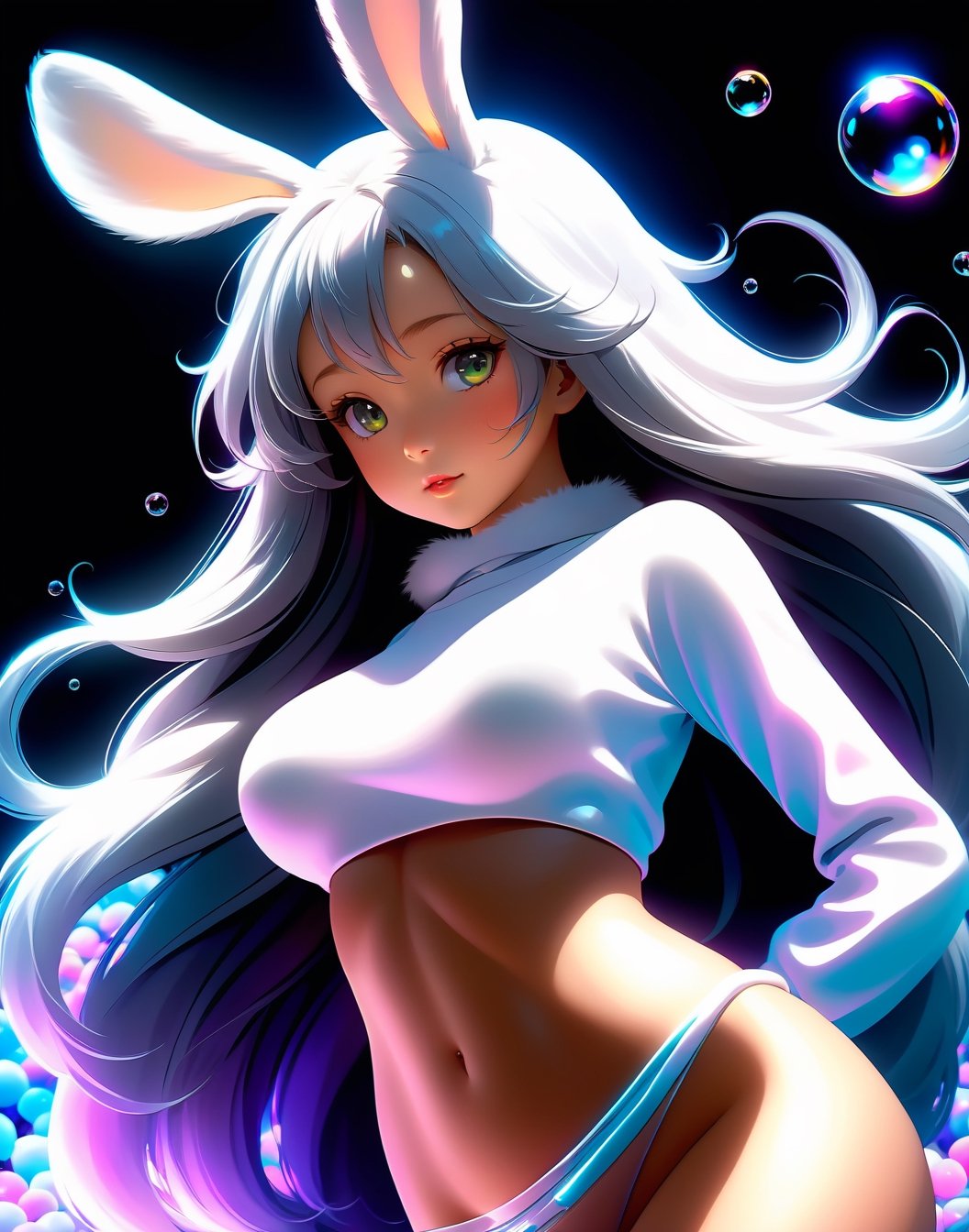 the fur beautiful, body, full body, fluff skin,fantasy, subsurface scattering, perfect anatomy,  glow, bloom, Bioluminescent liquid,zen style,Movie Still, cold color, vibrant, volumetric light (masterpiece, top quality, best quality, official art, beautiful and aesthetic:1.2), (1girl),extreme detailed,(abstract, fractal art:1.3),colorful hair,highest detailed, detailed_eyes, snowing, smoke bubbles, light_particles,lop-eared bunny girl,babyface, perfect body, five fingers, perfect hands, anatomically perfect body, sexy posture,(black eyes),(gray hair), very long hair, long white fur sweater dress,white fur bike_shorts,kemono,dynamic angle,depth of field, hyper detailed, highly detailed, beautiful, small details, ultra detailed, best quality, 4k,((whole body))