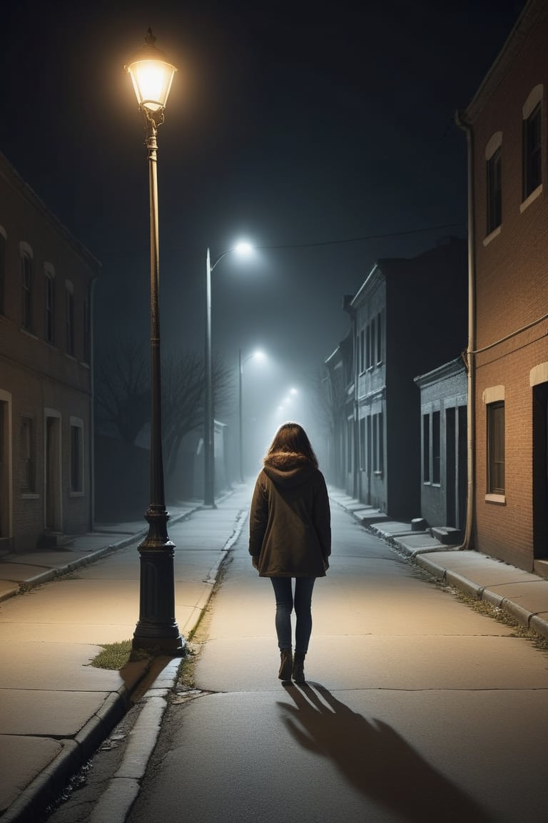 girl walks alone on a desolate street at 2 a.m., where there is only a small light from a streetlamp illuminating the street,outline,brccl