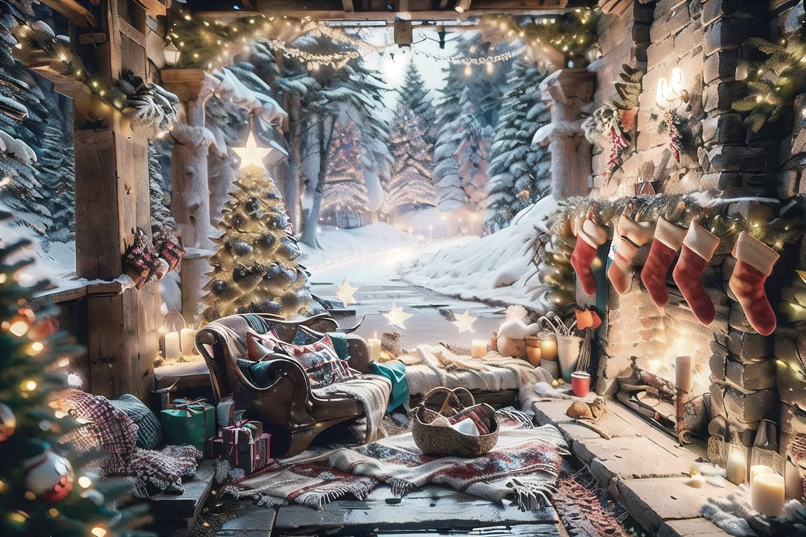 Two chairs sitting on a bench in the park at Christmas, the Christmas atmosphere is breathed throughout the park