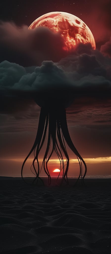 photo of a black sand desert, several giant black otherworldly creatures with cable-like hanging tentacles are floating in the starry sky, a faint red sun barely shines through the cloud cover, highly detailed, cinemascope, moody, epic, photorealistic, color graded cinematic, atmospheric lighting, award winning photo, film grain