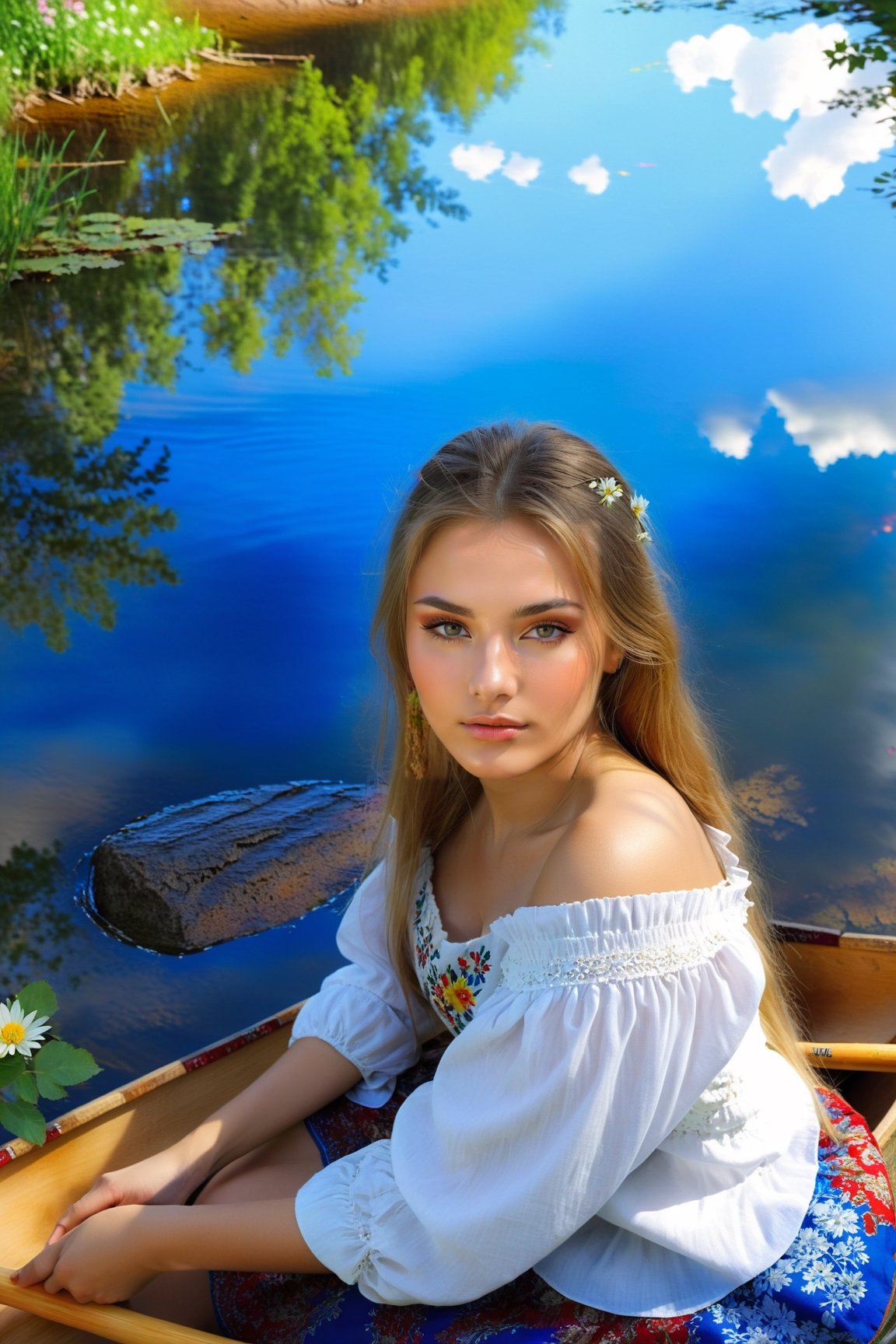 1girl, beautiful russian , make_up , she is sitting Wood-and-canvas canoes near rock lake and flower and big tree, close up, face focu