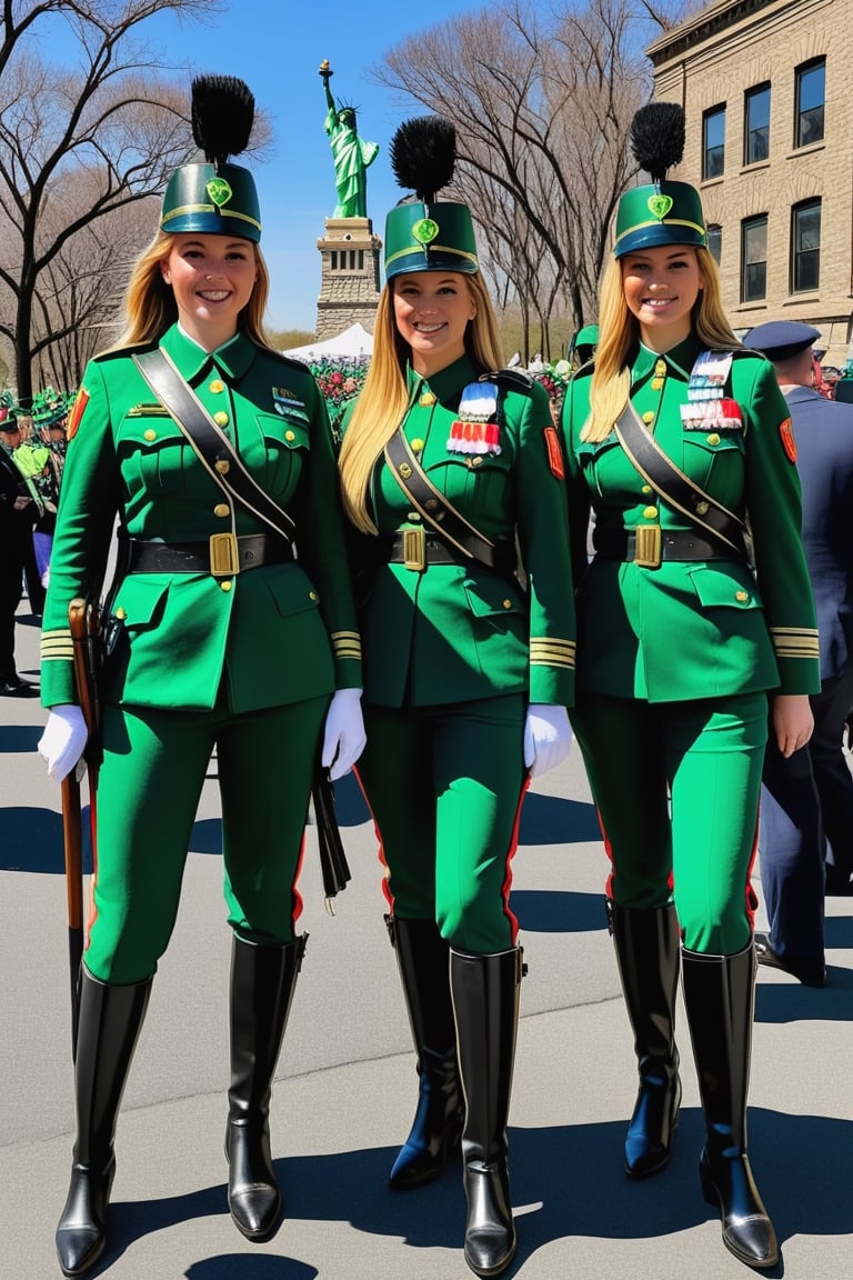 Irish female guards ,
Female Soldiers 🪖 ,
Saint Patrick Day parade,
Lucky clover 🍀 ((Irish girls)) ,
In a parade,
Nearby,
(((The statue of liberty))) ,
Detailed,
Realistic,
Horses,
(Focus on the statue of liberty) ,
more detail XL,booth,more detail XL, ,realg