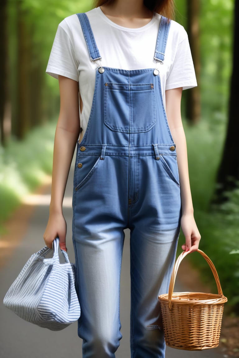 Cat wearing overalls and carrying a basket, street style, wearing blue jeans, white T-shirt with transparent/translucent effect, forest style, stripes, urban street life scene, -ar 9:16, long legs and hot body, more Multi-detail XL