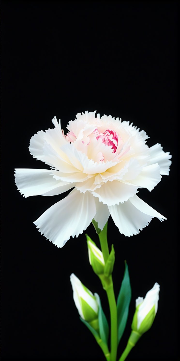 Imagine the following scene.

Animation style image. A beautiful white carnation floating on a black background. L pink with dew on its petals. It's a beautiful pink.