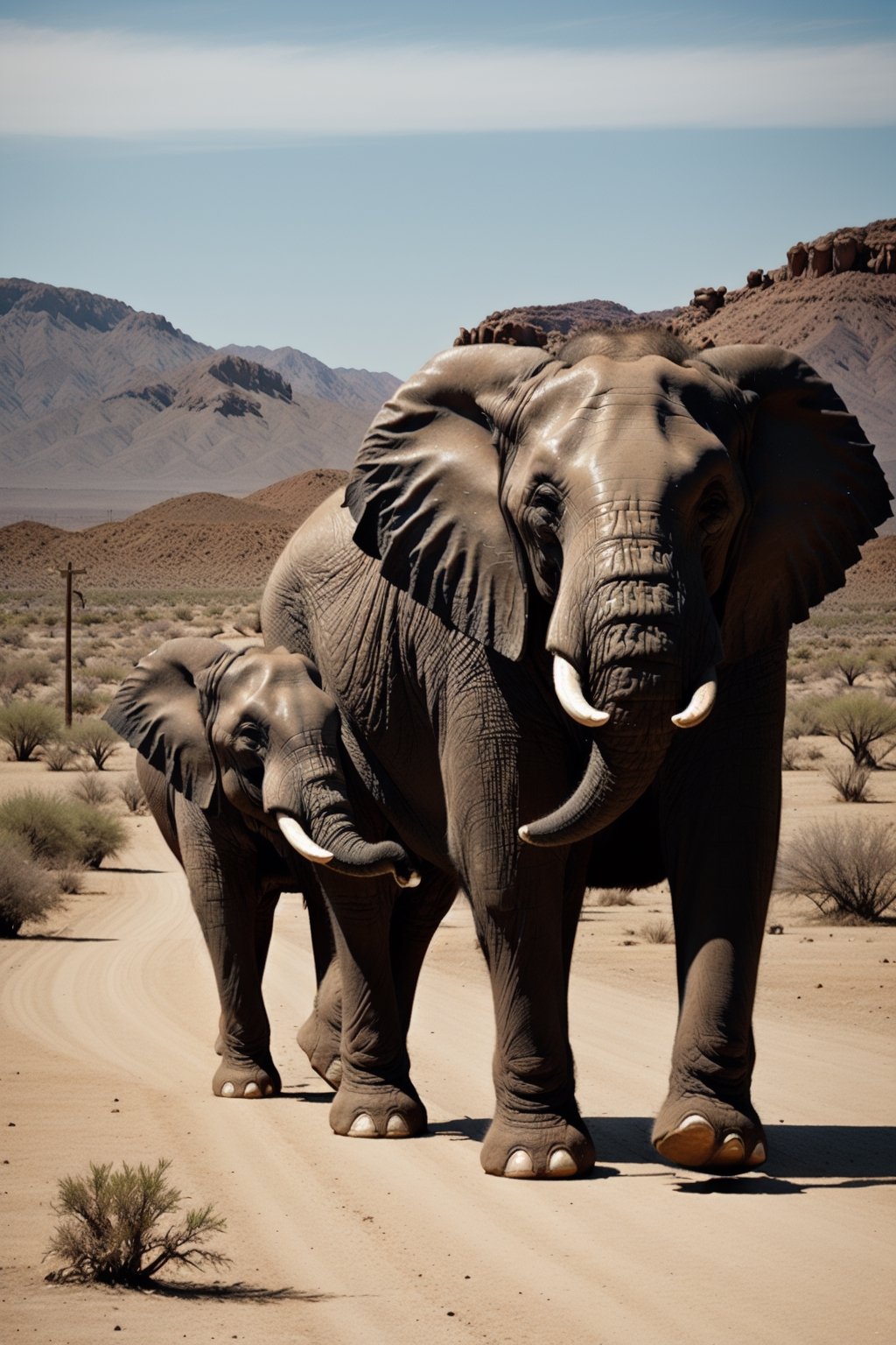An 3 elephant parade in the Mojave desert