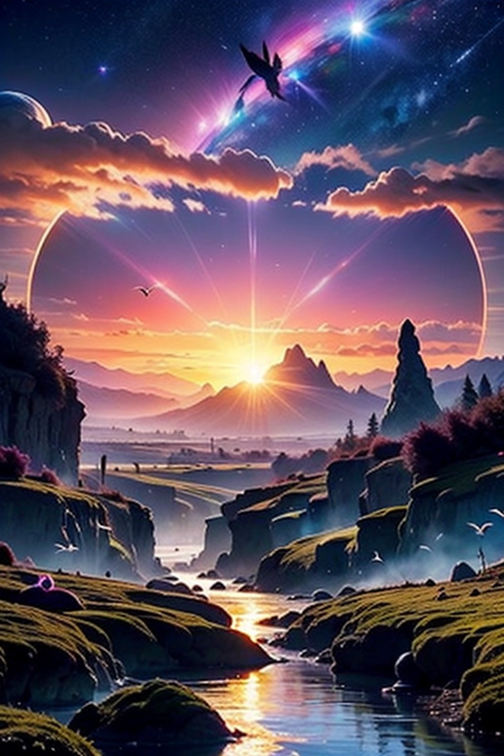 best masterpiece) (high resolution,dark mountains,sunset,not a single human being,beautiful light in the sky,heart-shaped stars in the sky,many hills,beautiful,relaxed atmosphere,river flows,on the left is the earth,two suns,flock of birds aliens