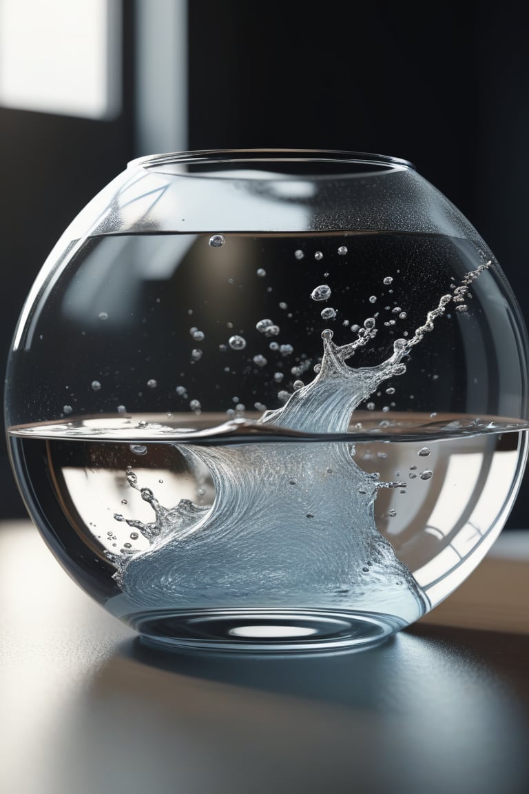 Ultra realistic illustration. Macro view,water explosion on a glass BREAK scattering of water particles as flow of electricity BREAK a small cute doggy is inside the glass.amazing details, perfect lighting and  reflections,unreal engine 5, RTX on,ultra HD, 8k, intricate, masterpiece