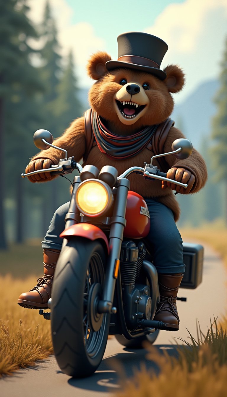 (An anthropomorphic Norwegian Forest bear(wearing  a top hat) happily riding a large motorcycle), (f1.4, Canon EOS, SIGMA Art Lens 35mm F1.8, ISO 200 Shutter Speed 2000), Unity, Unreal Engine, High Technology, Octane Rendering, Ultra High Quality, Ultra High Resolution, Ultra High Quality, Ultra Realistic, Color Correct, Good Lighting Settings, Good Composition, Very Low Noise, Sharp Contours, Harmonious Great composition, precise and detailed drawing