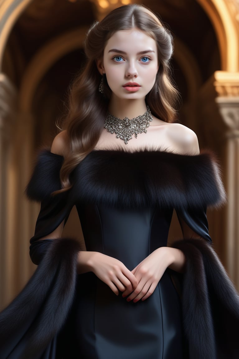 best quality, masterpiece,								
The beautiful Russian an model, her long wavy dark brown hair flowing elegantly, perfectly embodies the intertwining of Art Nouveau's flowing lines with Gothic's enigmatic depth, all while donning a fashionable tight off-the-shoulder black dress. This contemporary piece is artfully paired with a fur trim capelet, adding a touch of opulence. Her look is further elevated by sophisticated fashion accessories, making her the epitome of a glamorous Hollywood star, seamlessly blending historical elegance with modern flair.
ultra realistic illustration,siena natural ratio, by Ai Pic 3D,	16K, (HDR:1.4), high contrast, bokeh:1.2, lens flare,	head to toe,	digital art, ultra hd, realistic, vivid colors, extremely detailed, photography, ultra hd, realistic, vivid colors, highly detailed, UHD, perfect composition, beautiful detailed intricate insanely detailed octane render trending on artstation, 8k artistic photography, photorealistic concept art, soft natural volumetric cinematic perfect light.