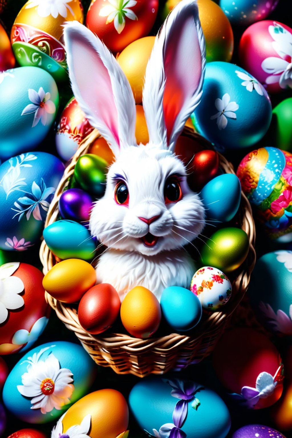 basket full of ornately decorated easter eggs,bunny rabbit,vivid contrast,vivid colors, Hyperrealistic art cinematic film still photography in the style of detailed hyperrealism photoshoot