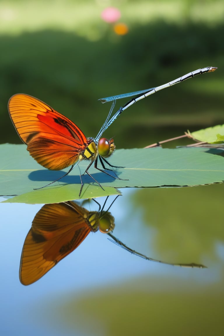 A beautiful and large colorful butterfly is reflected in a mirror and what is seen on the other side is the shape of a dragonfly