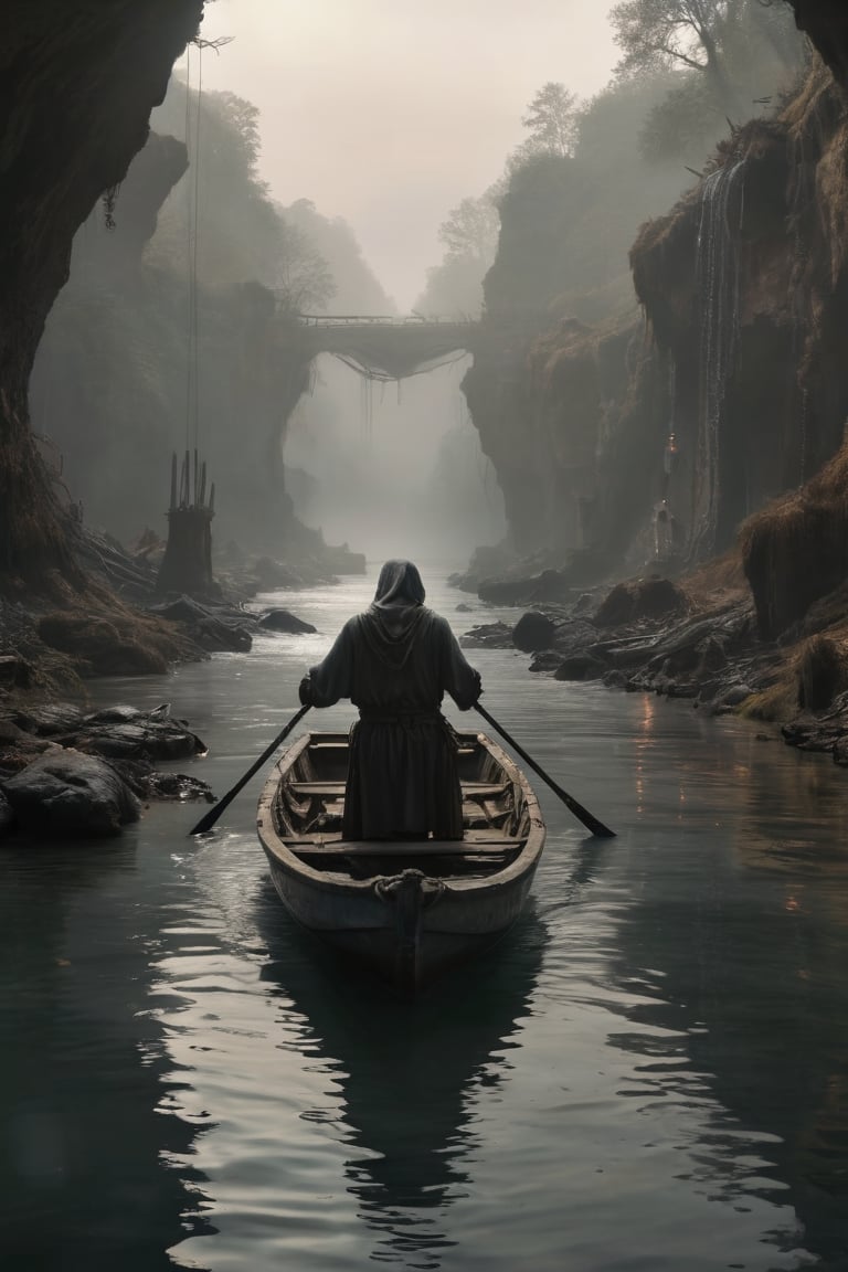 Charon in his boat crosses a river in some underground chains to the other side of the afterlife with his crew who are very scared.