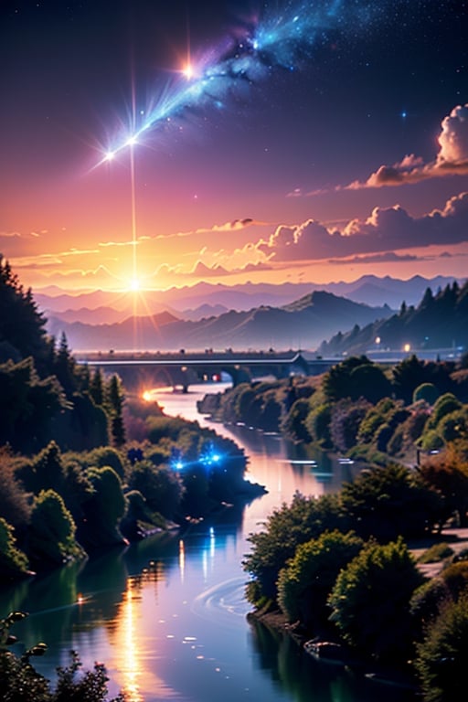 best masterpiece) (high resolution,dark mountains,sunset,not a single human being,beautiful light in the sky,heart-shaped stars in the sky,many hills,beautiful,relaxed atmosphere,river flows,on the left is the earth,two suns