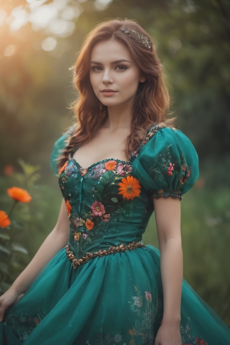 Russian woman, flower dress, colorful, darl background,flower armor,green theme,exposure blend, medium shot, bokeh, (hdr:1.4), high contrast, (cinematic, teal and orange:0.85), (muted colors, dim colors, soothing tones:1.3), low saturation
 