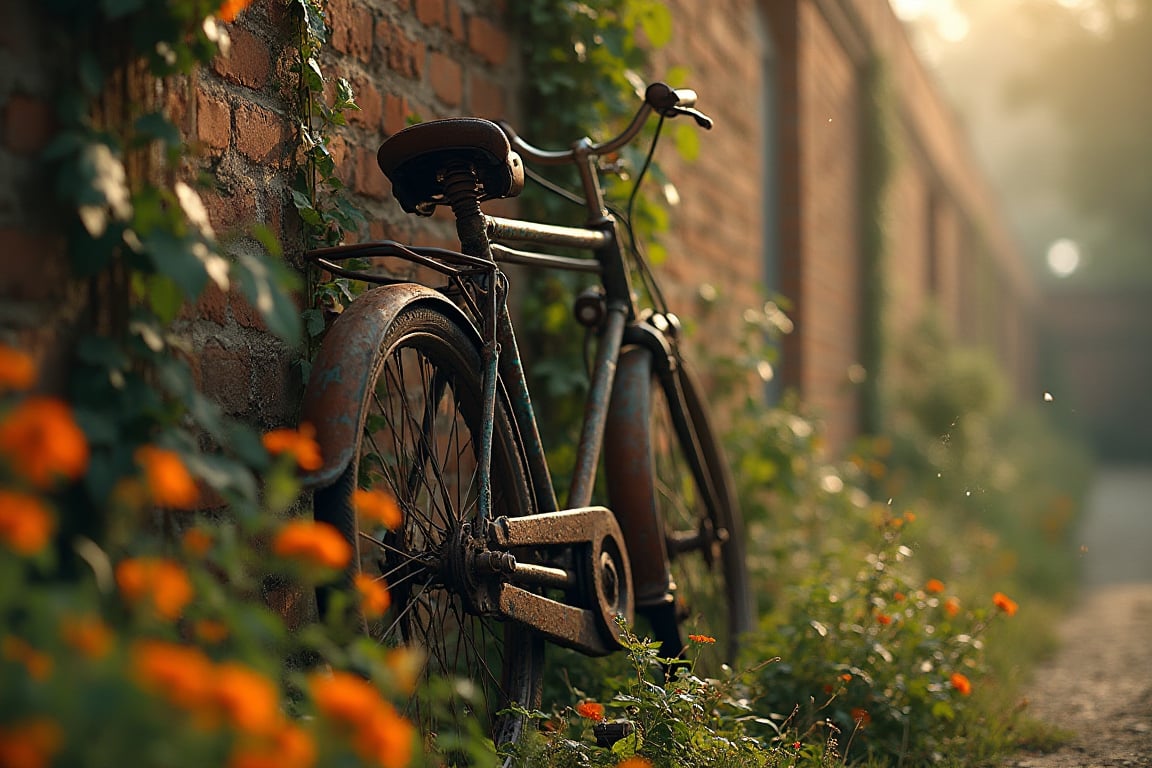 Soft focus on an antique bicycle's weathered frame against a centuries-old brick wall, vines snaking across aged stones, and riotous flowers bursting from weeds. Rusty tires and faded paint evoke patina. Morning light casts warm glow, misty droplets glistening on damp earth after recent rain. The bicycle's rusty hinges seem to sigh in harmony with the gentle morning mist.