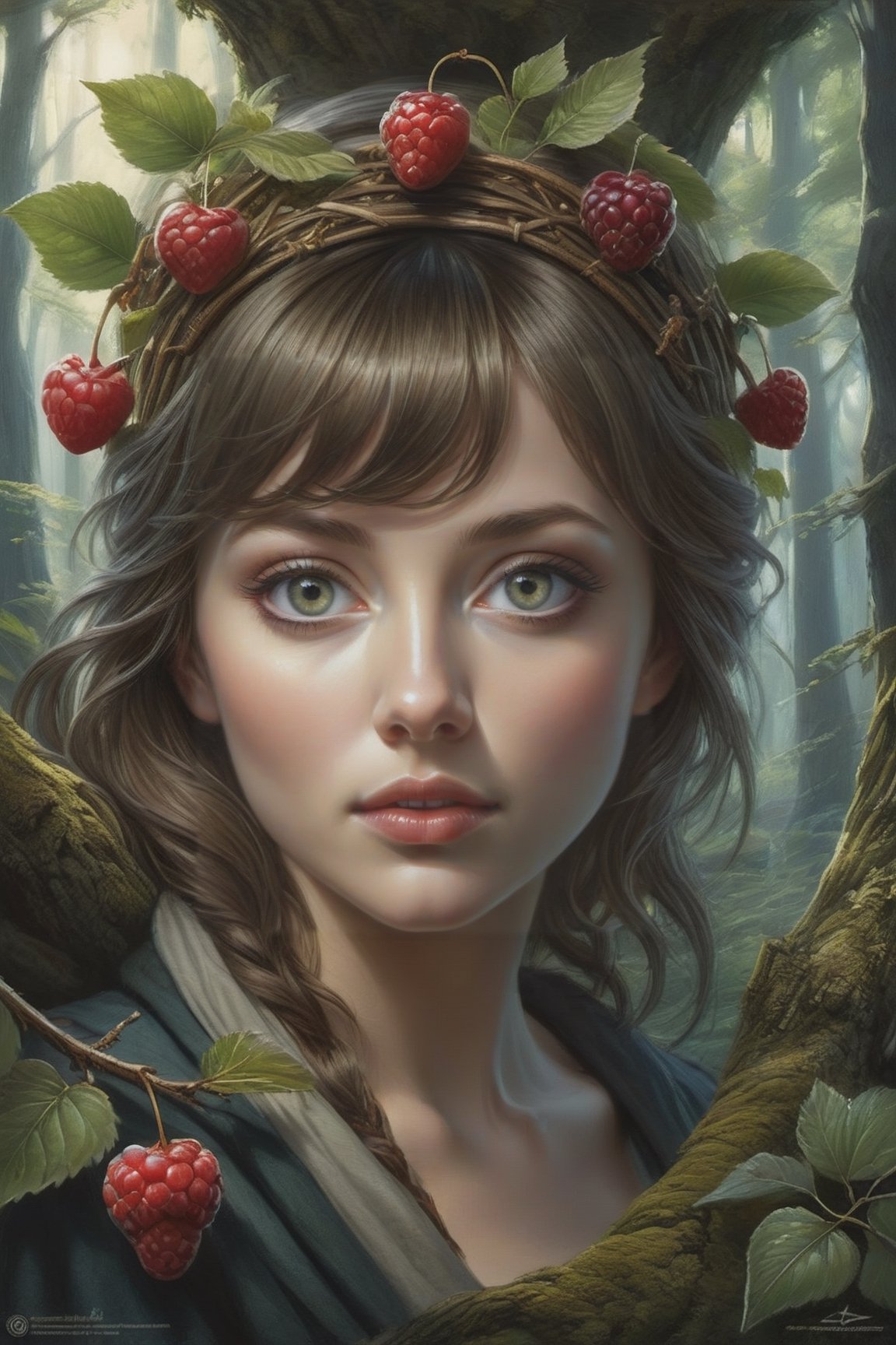 face of beautiful young woman with auborn hair and hazle eyes, looking at camera, art by aaron horkey, epic poster, forest, berries, watercolor painting, Jean-Baptiste Monge style, bright, beautiful in spring, splash, big perfect eyes, rim lighting, lights, magic, fa