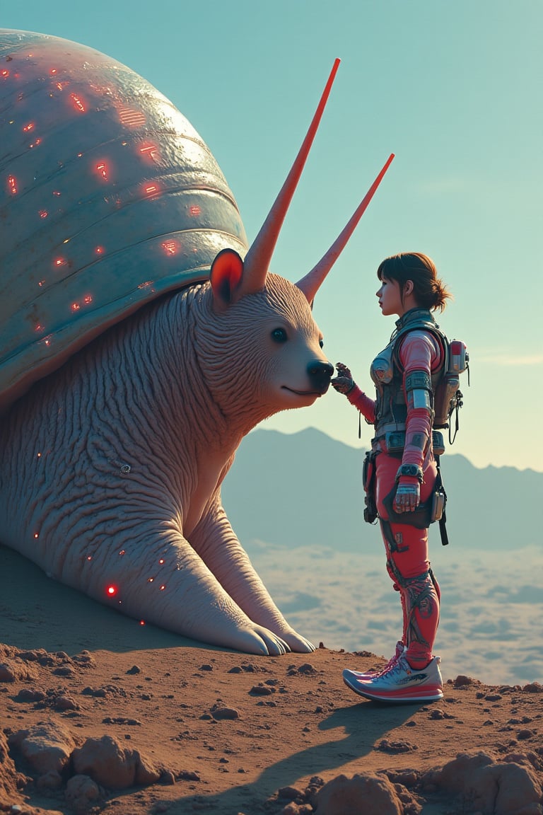 ((masterpiece)), highly detailed, digital illustration, a bear standing on a vast, alien landscape, interacting with a gigantic snail with glowing patterns on its shell, the snail’s antennae waving gently as it gazes at her, surreal and dreamlike atmosphere, blending elements of science fiction and fantasy, the girl’s futuristic outfit adorned with small gadgets and lights, vibrant colors contrasting with the strange, otherworldly environment, a sense of curiosity and wonder",Mysticstyle,Add more detail