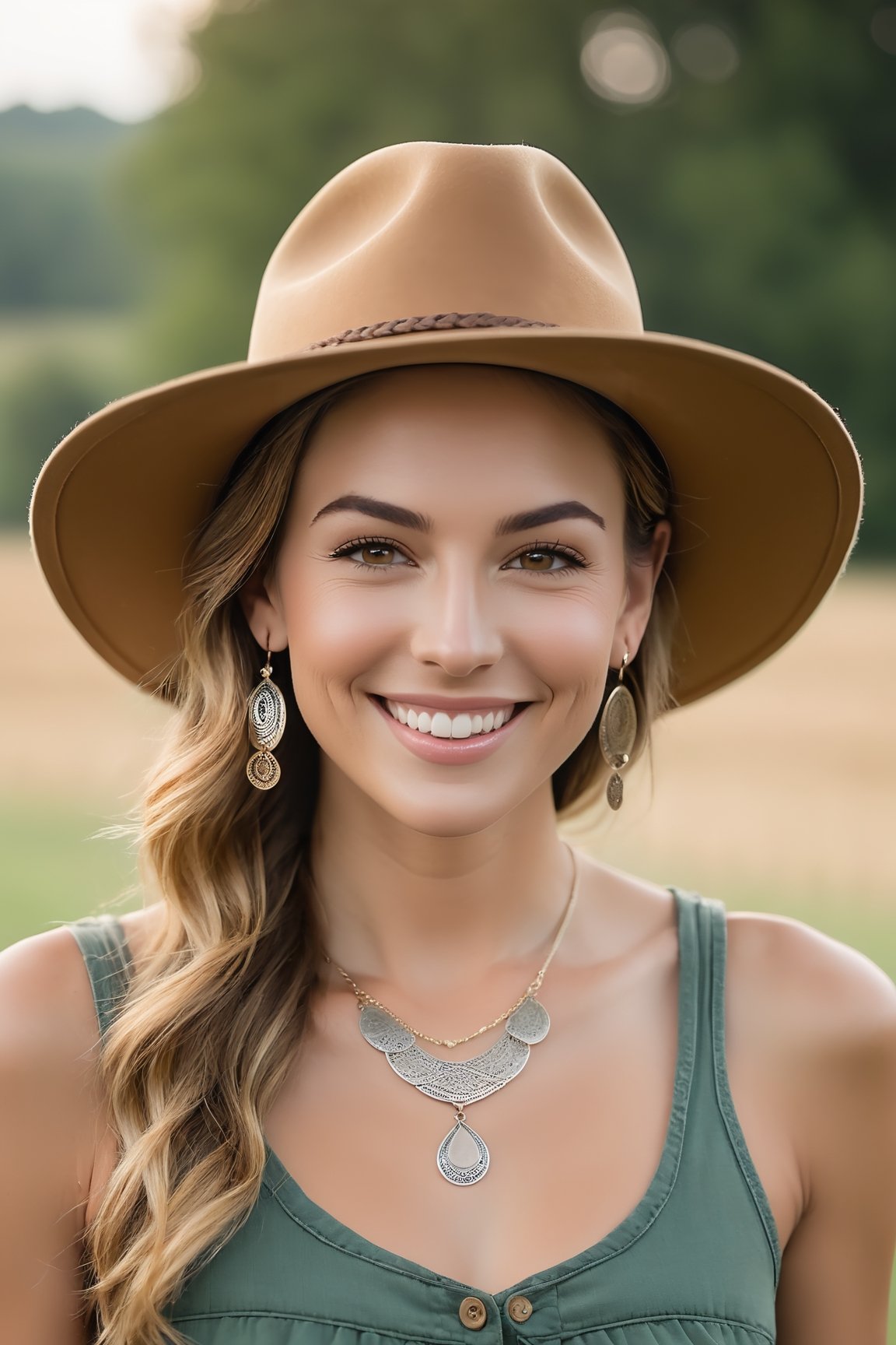 photo of a real woman about 27 years old with a subtle sweet smile, full frame great photos from a distance on a farm, blur the background, hands prominent facial features clear and flawless. design the photo as a real girl, light brown hair, light brown eyes, tattoos, hoop earrings, hat, (36d breasts), teardrop necklace, revealing tanktop, half-height photo