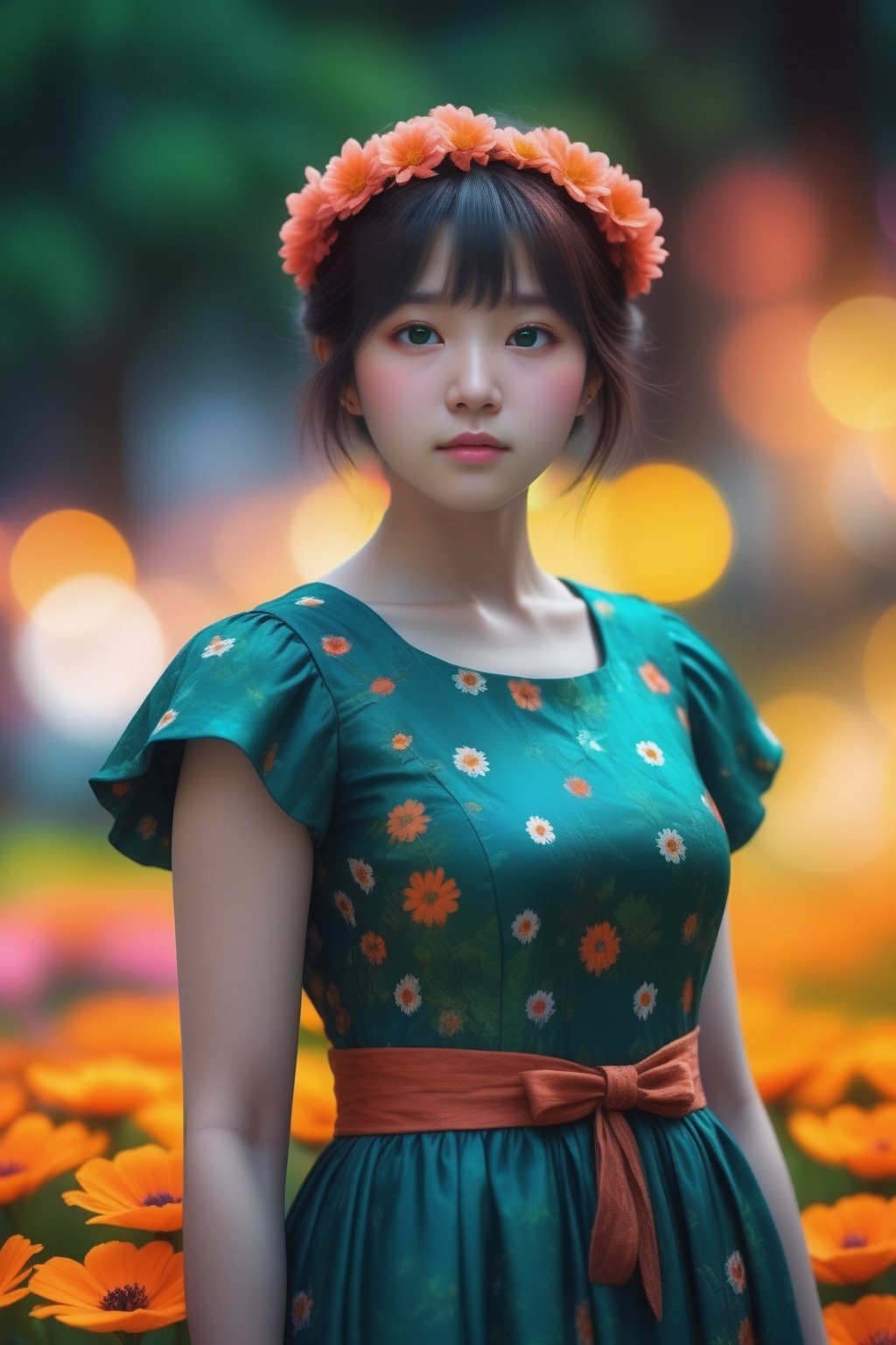 woman, flower dress, colorful, darl background,flower armor,green theme,exposure blend, medium shot, bokeh, (hdr:1.4), high contrast, (cinematic, teal and orange:0.85), (muted colors, dim colors, soothing tones:1.3), low saturation