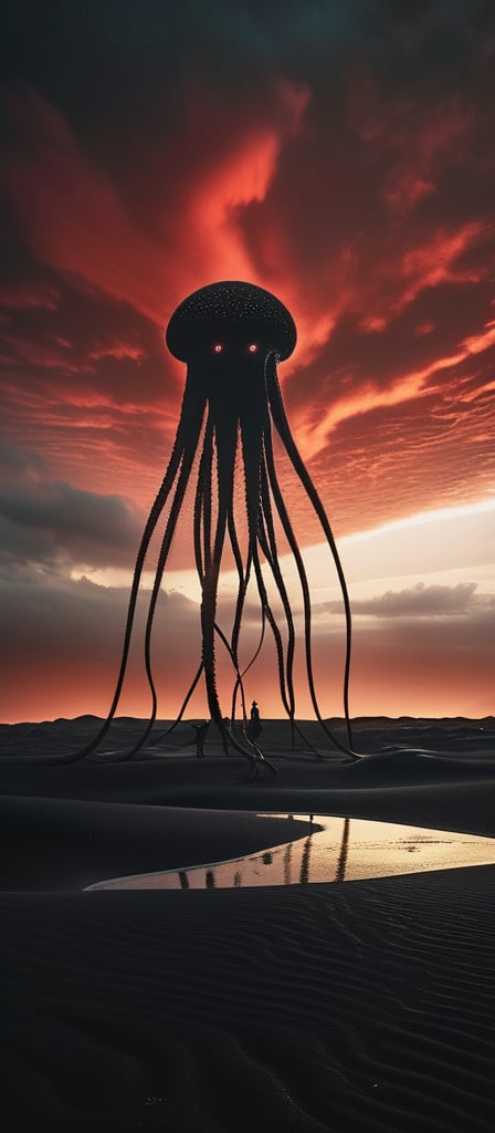 photo of a black sand desert, several giant black otherworldly creatures with cable-like hanging tentacles are floating in the starry sky, a faint red sun barely shines through the cloud cover, highly detailed, cinemascope, moody, epic, photorealistic, color graded cinematic, atmospheric lighting, award winning photo, film grain