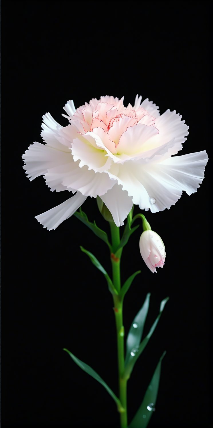 Imagine the following scene.

Animation style image. A beautiful white carnation floating on a black background. L pink with dew on its petals. It's a beautiful pink.