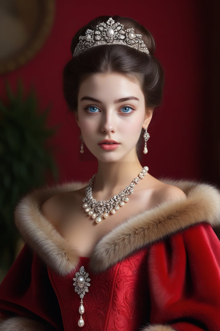 best quality, masterpiece,	
A Hollywood starlet, channeling the allure of a beautiful Spanish girl, exudes Rococo glamour in a red fur outfit, accented with a fur-trim capelet, her dark brown hair elegantly styled in a bun. Her ensemble is completed with fashionable accessories, blending opulence with a modern chic that captures the essence of timeless beauty and sophistication.
ultra realistic illustration, siena natural ratio, ultra hd, realistic, vivid colors, highly detailed, UHD drawing, perfect composition, ultra hd, 8k, he has an inner glow, stunning, something that even doesn't exist, mythical being, energy, molecular, textures, iridescent and luminescent scales, breathtaking beauty, pure perfection, divine presence, unforgettable, impressive, breathtaking beauty, Volumetric light, auras, rays, vivid colors reflects.