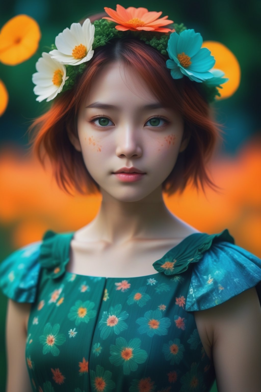 woman, flower dress, colorful, darl background,flower armor,green theme,exposure blend, medium shot, bokeh, (hdr:1.4), high contrast, (cinematic, teal and orange:0.85), (muted colors, dim colors, soothing tones:1.3), low saturation