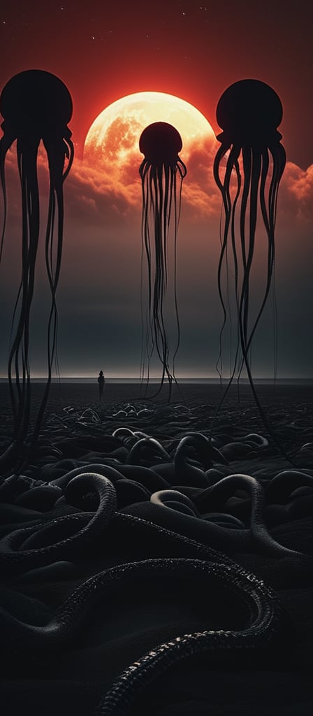 photo of a black sand desert, several giant black otherworldly creatures with cable-like hanging tentacles are floating in the starry sky, a faint red sun barely shines through the cloud cover, highly detailed, cinemascope, moody, epic, photorealistic, color graded cinematic, atmospheric lighting, award winning photo, film grain