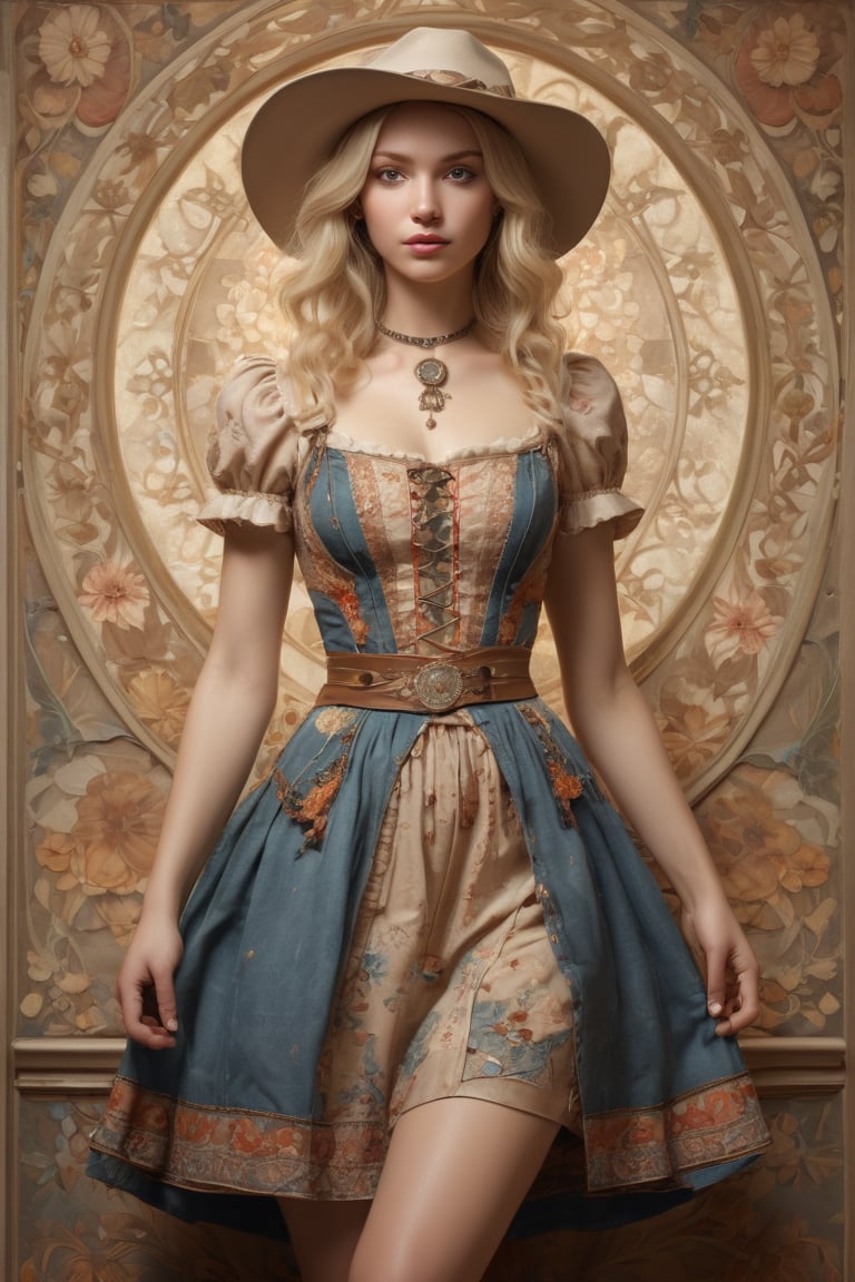 art nouveau style,flat Illust,beautiful blonde lady, Official Art, Art Station, Beautiful and Aesthetic, One Girl, Highly Detailed, (patchwork style dress), A Scandinavian woman of supernatural beauty, Full body, looking at the viewer, (model pose: 1), cowboy shot,photo_b00ster