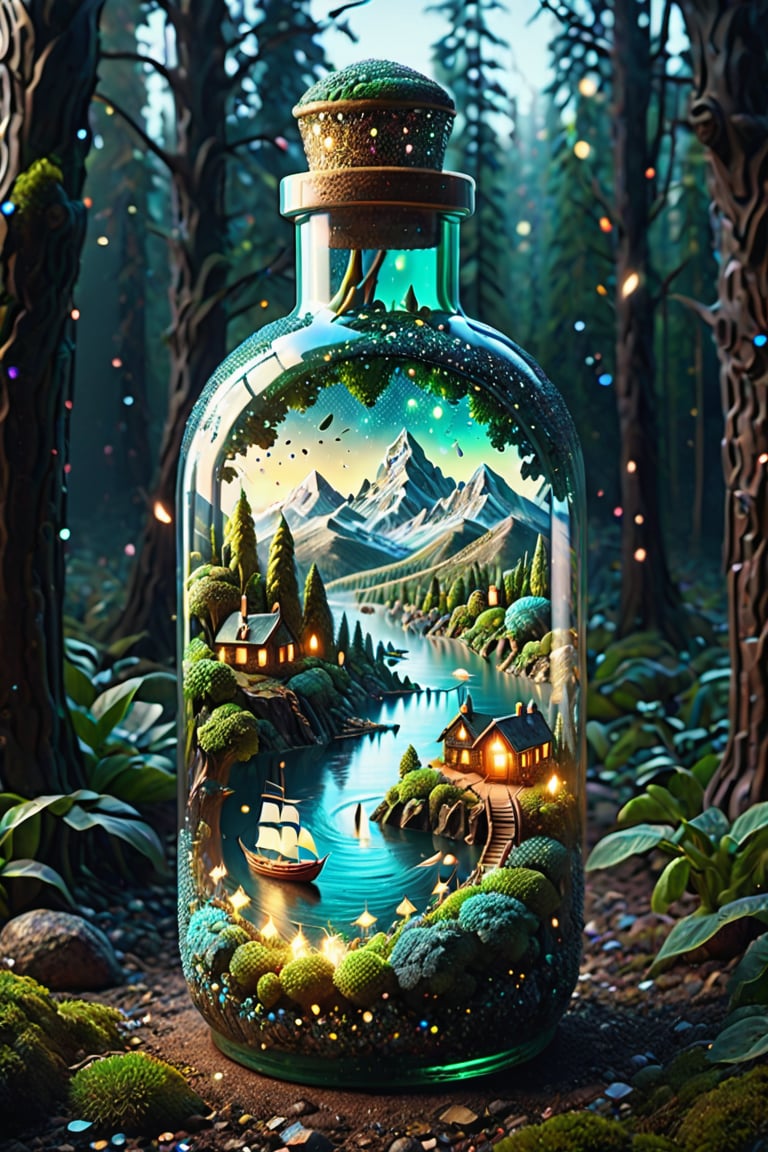 best quality,high resolution,realistic,extremely detailed,8k,crisp,vibrant detailed macro image masterpiece,glowing floating insane dream particles artistic hyperdetailed immersive galactic fantasy,huge realistic,detailed busy scene inspired cinematic, micro shot, miniature world, extreme close up inside the big magical bottle, iridescent colorful massive neon lightning strikes contained inside the rounded bottle, detailed landscape with trees and mountains and rivers inside the rounded bottle, there should be mist and smoke inside the rounded bottle, intricate, blurry dark background, , , ,brccl,glitter