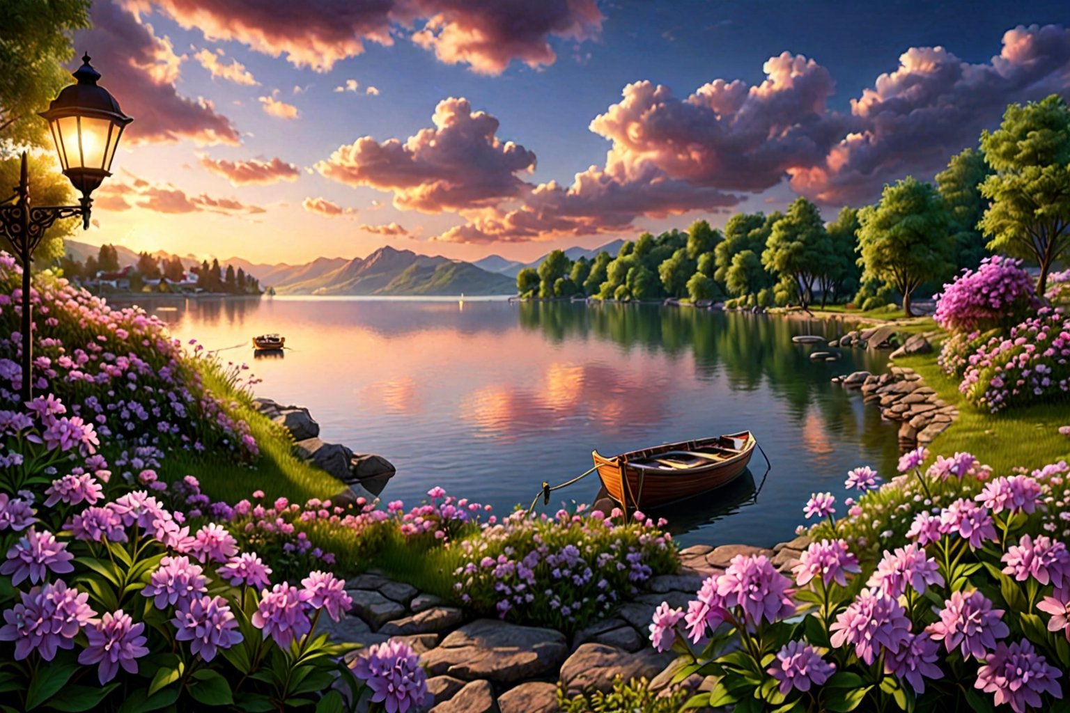 detailed background,( Calm spring night landscape), amongst lush greenery, beautiful view, creeping phlox in full bloom, creeping phlox, early morning, sunrise sky, beautiful clouds, dappled sunlight, outdoor seating, one lamp, Tranquil Lake, Boat on a Lake, depth of field, masterpiece, best quality, ultra-detailed, very aesthetic, illustration, perfect composition, intricate details, absurdres, moody lighting, wisps of light, no humans,





